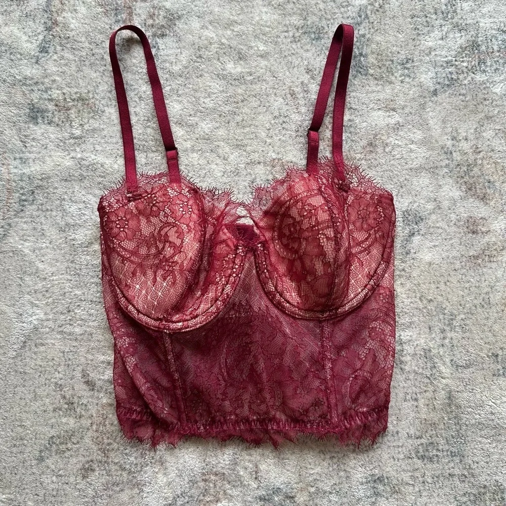 VICTORIA’S SECRET Dream Ángels CHANTILLY LACE MINI BUSTIER 32D Deep Red - Picture 2 of 5